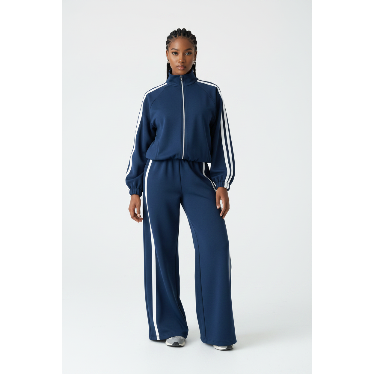 Neck Zip-Up Striped Jacket & High Waist Loose Pant Tracksuit Set