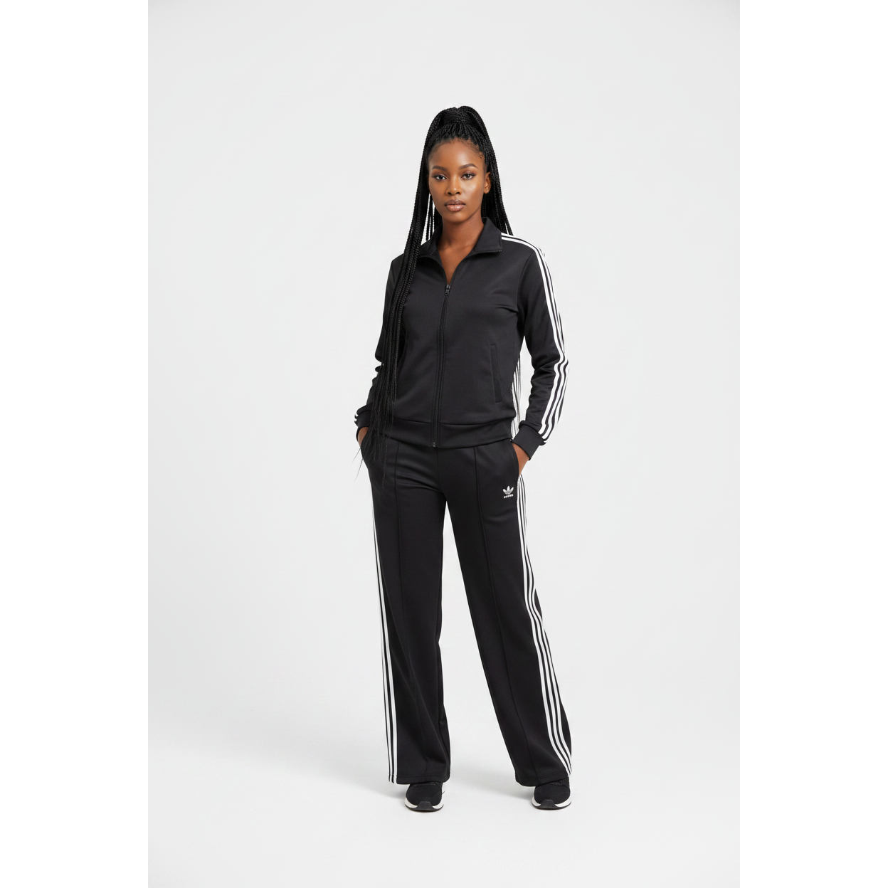 Neck Zip-Up Striped Jacket & High Waist Loose Pant Tracksuit Set