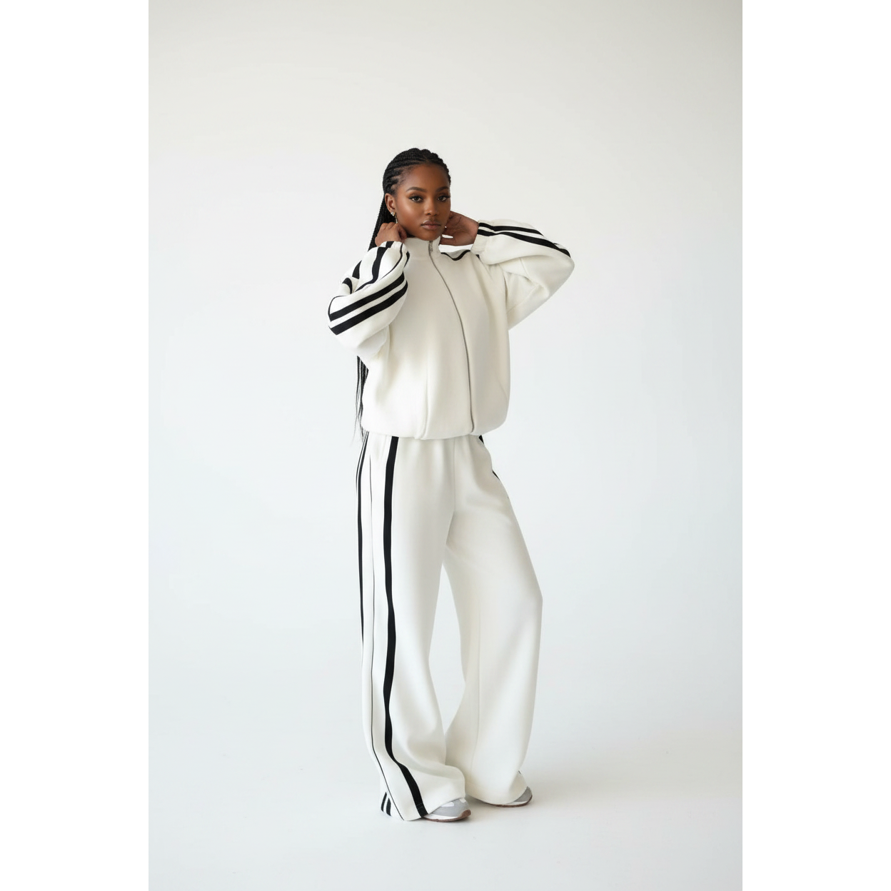 Neck Zip-Up Striped Jacket & High Waist Loose Pant Tracksuit Set
