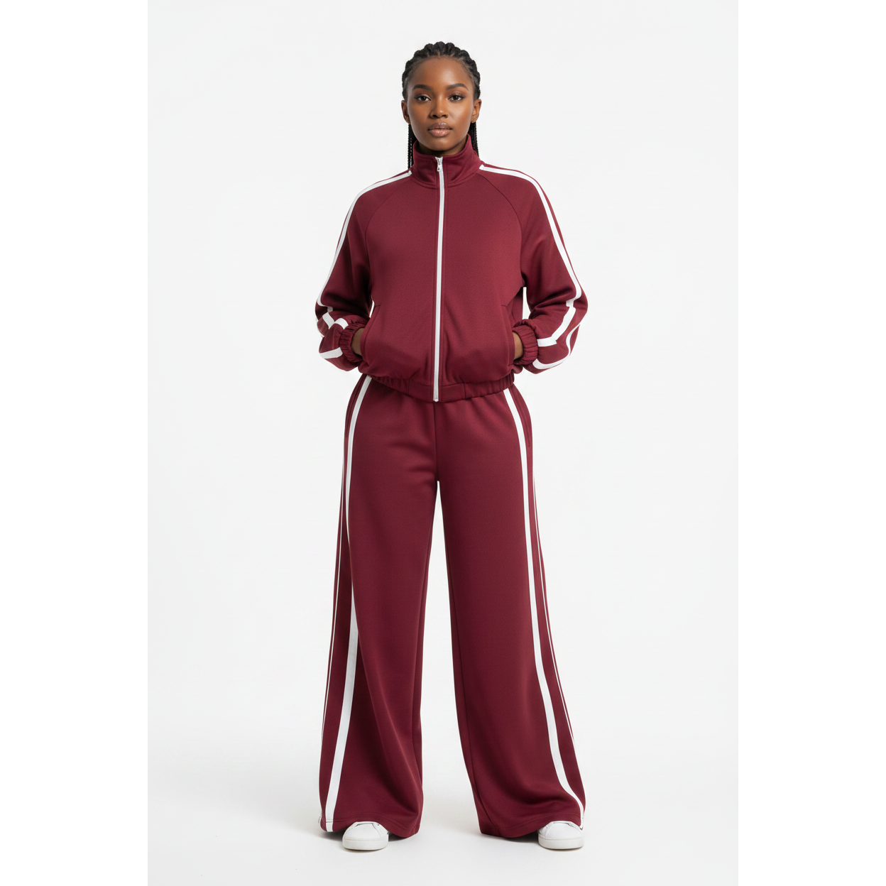 Neck Zip-Up Striped Jacket & High Waist Loose Pant Tracksuit Set