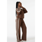 Neck Zip-Up Striped Jacket & High Waist Loose Pant Tracksuit Set