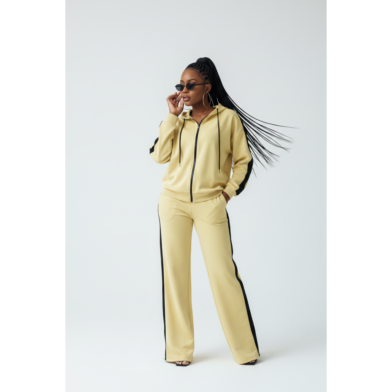 Neck Zip-Up Striped Jacket & High Waist Loose Pant Tracksuit Set