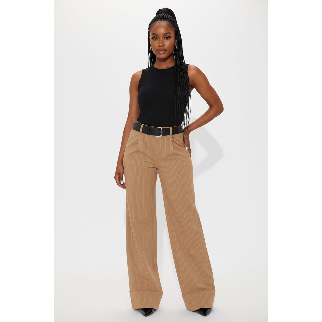 Wide-leg Cut Distinct Cuffed Hem Pinstriped Pants