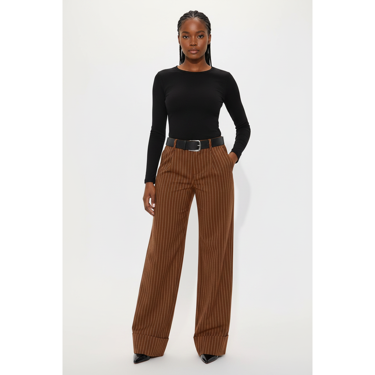 Wide-leg Cut Distinct Cuffed Hem Pinstriped Pants
