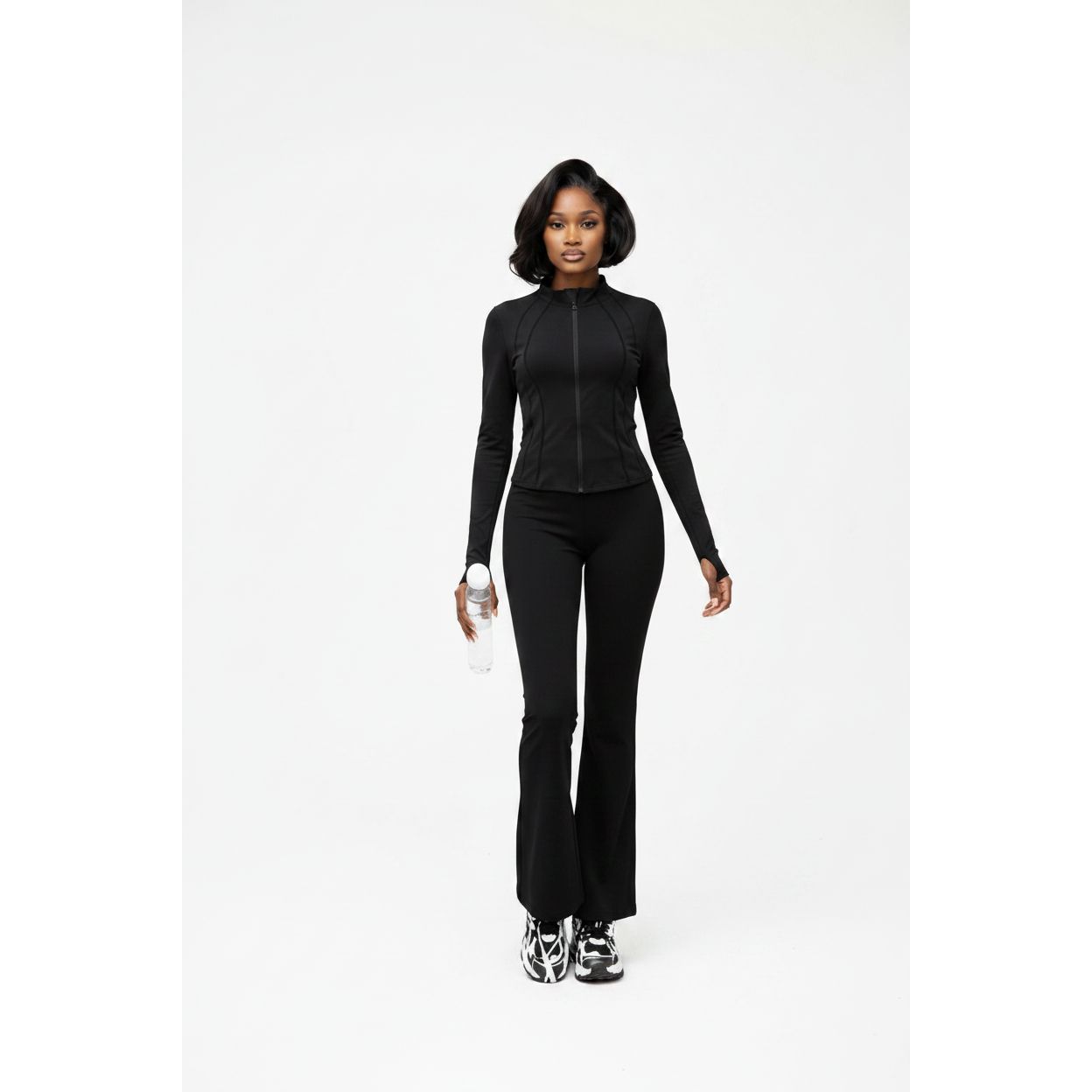 High Stretch Silky Sports Fabric Active Jacket & Flare Pants Set