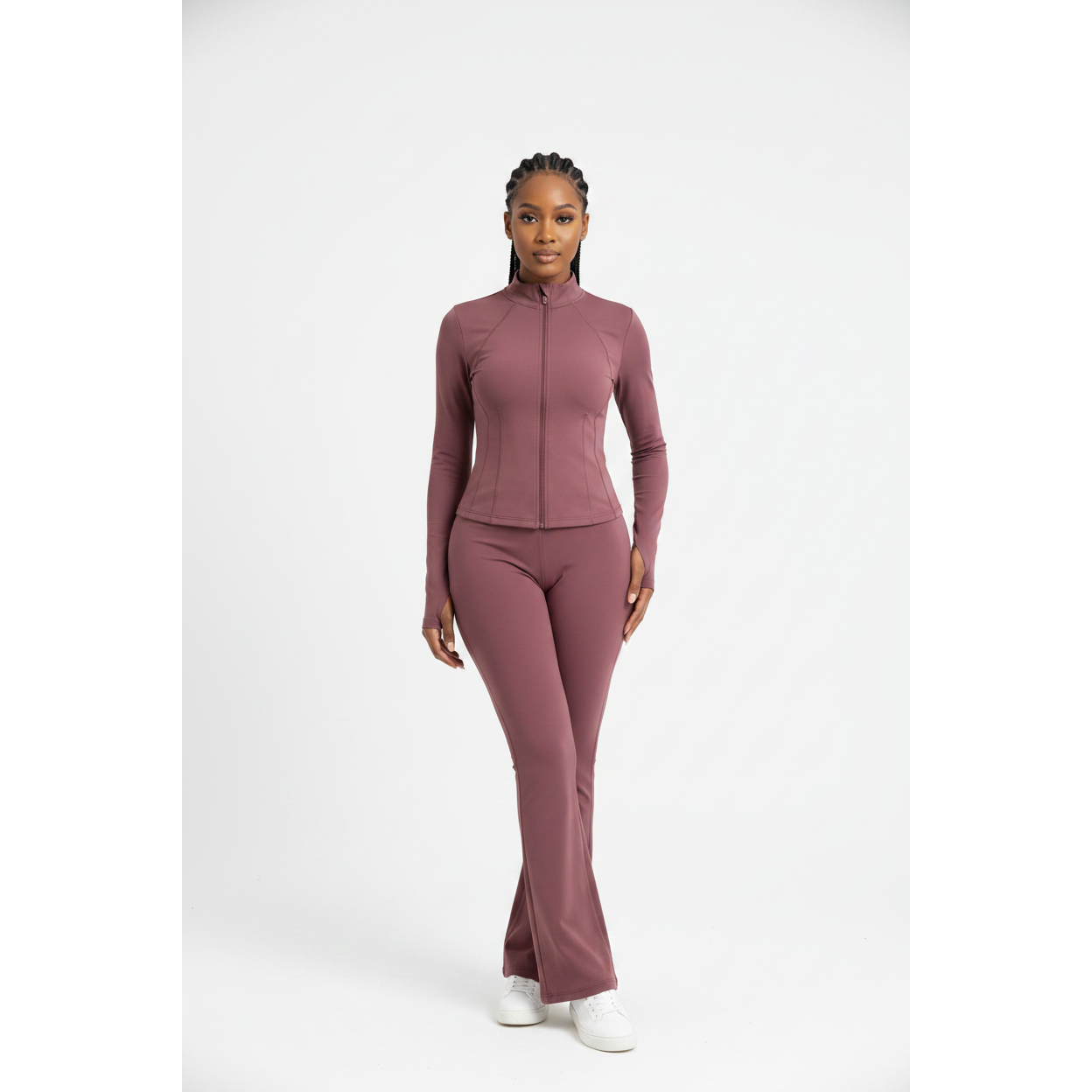 High Stretch Silky Sports Fabric Active Jacket & Flare Pants Set