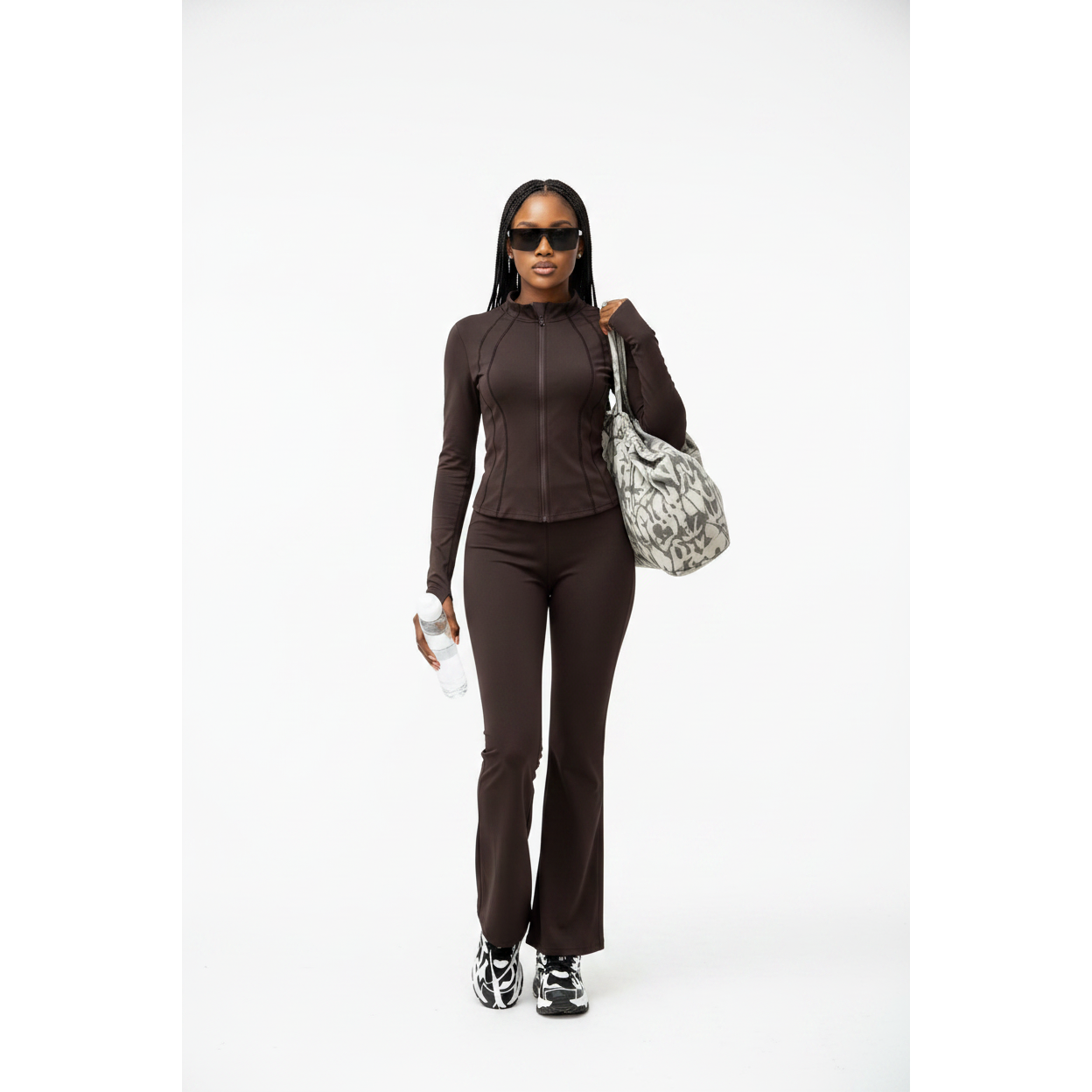 High Stretch Silky Sports Fabric Active Jacket & Flare Pants Set