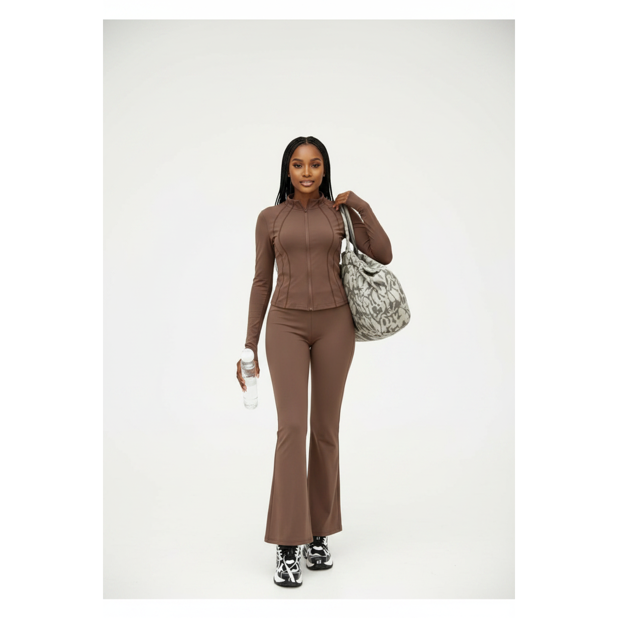 High Stretch Silky Sports Fabric Active Jacket & Flare Pants Set