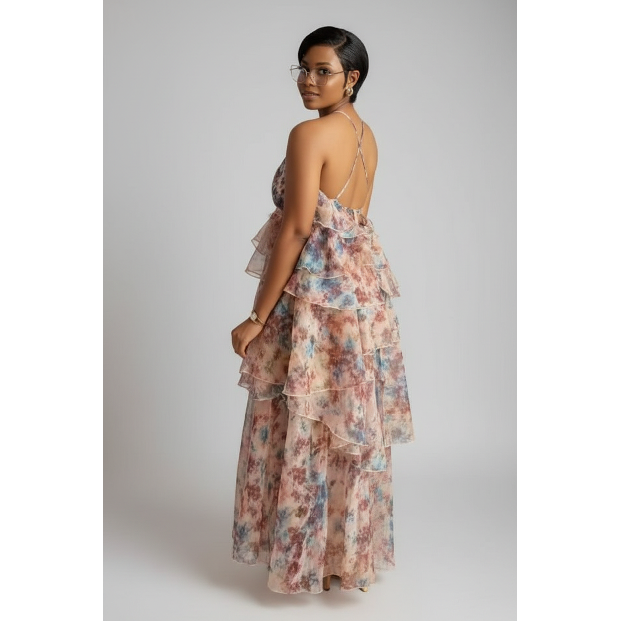 Floral Plus Size Tiered Halter Maxi Dress