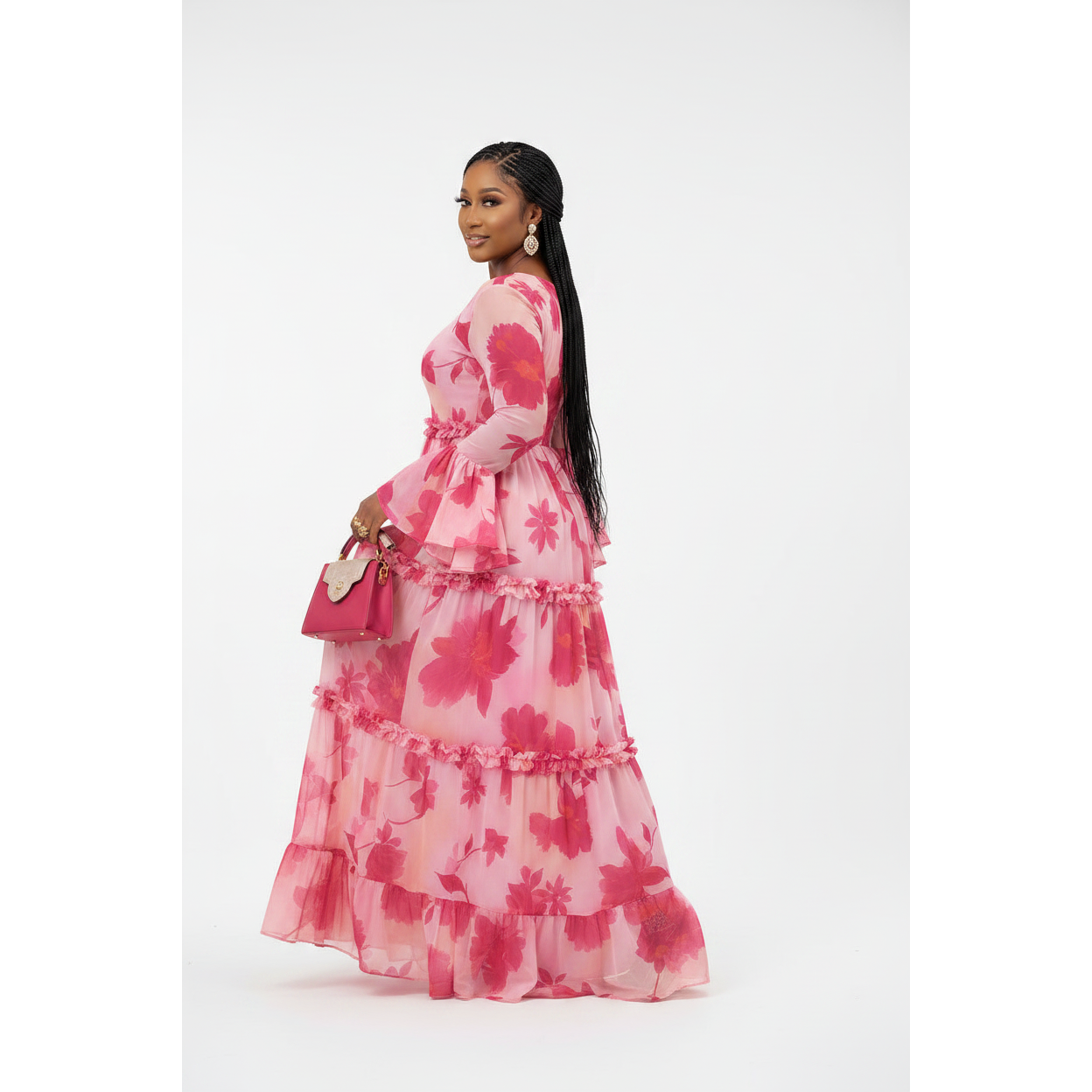 Ladies Tropical Pink Floral Tiered Maxi Dress