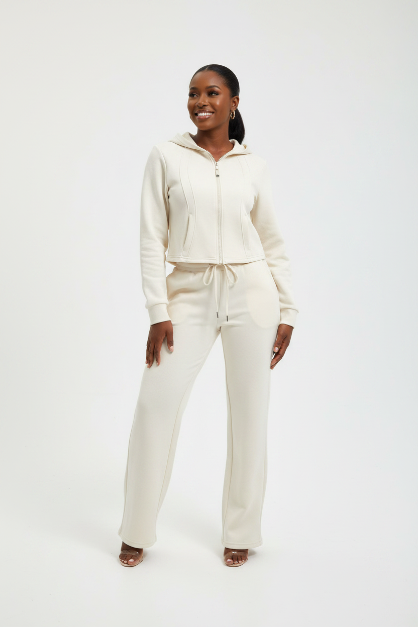 Ladies Paneled Deco Zip-Up Top & Wide Leg Pants