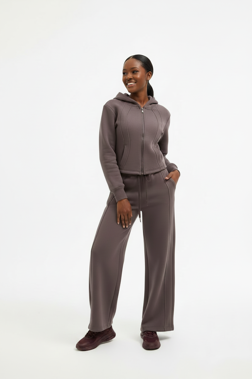 Ladies Paneled Deco Zip-Up Top & Wide Leg Pants