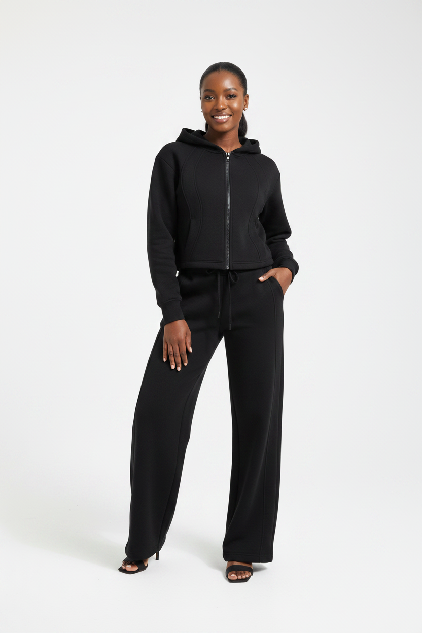 Ladies Paneled Deco Zip-Up Top & Wide Leg Pants