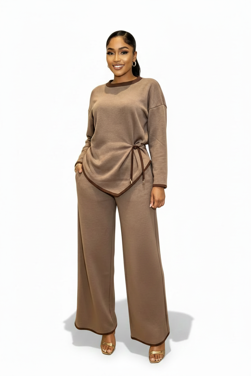Knitted Side-Split Blouse & Wide-Leg Pants Set