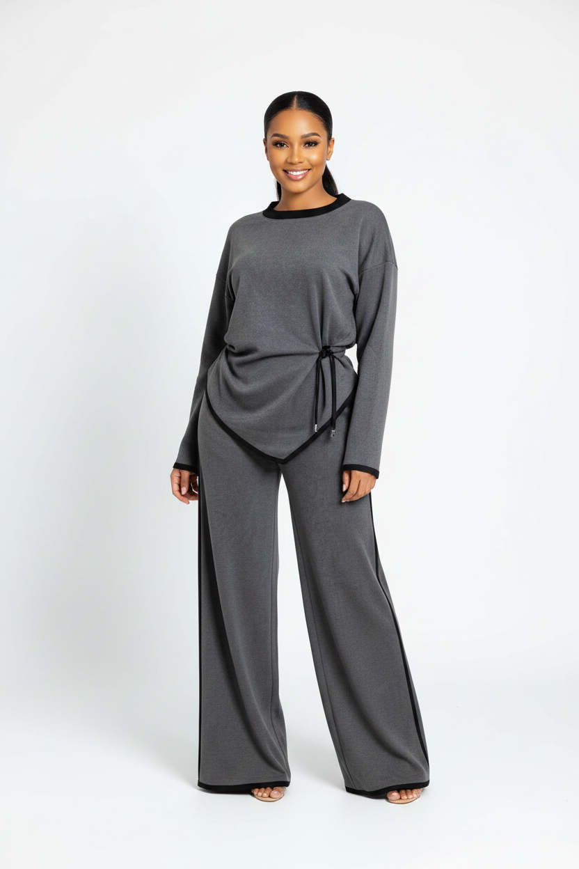 Knitted Side-Split Blouse & Wide-Leg Pants Set
