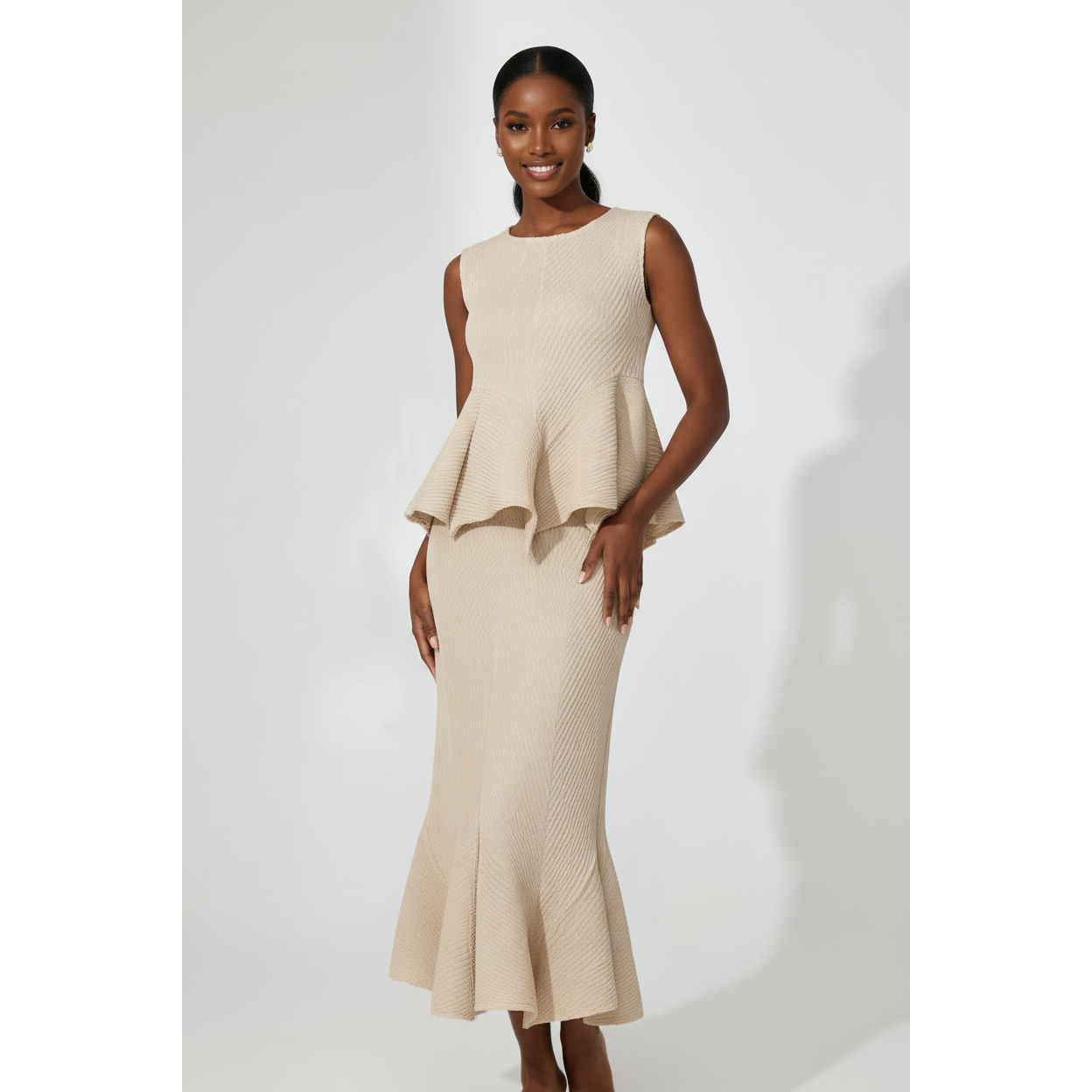 Sleeveless Peplum Top & Mermaid Fishtail Midi Skirt