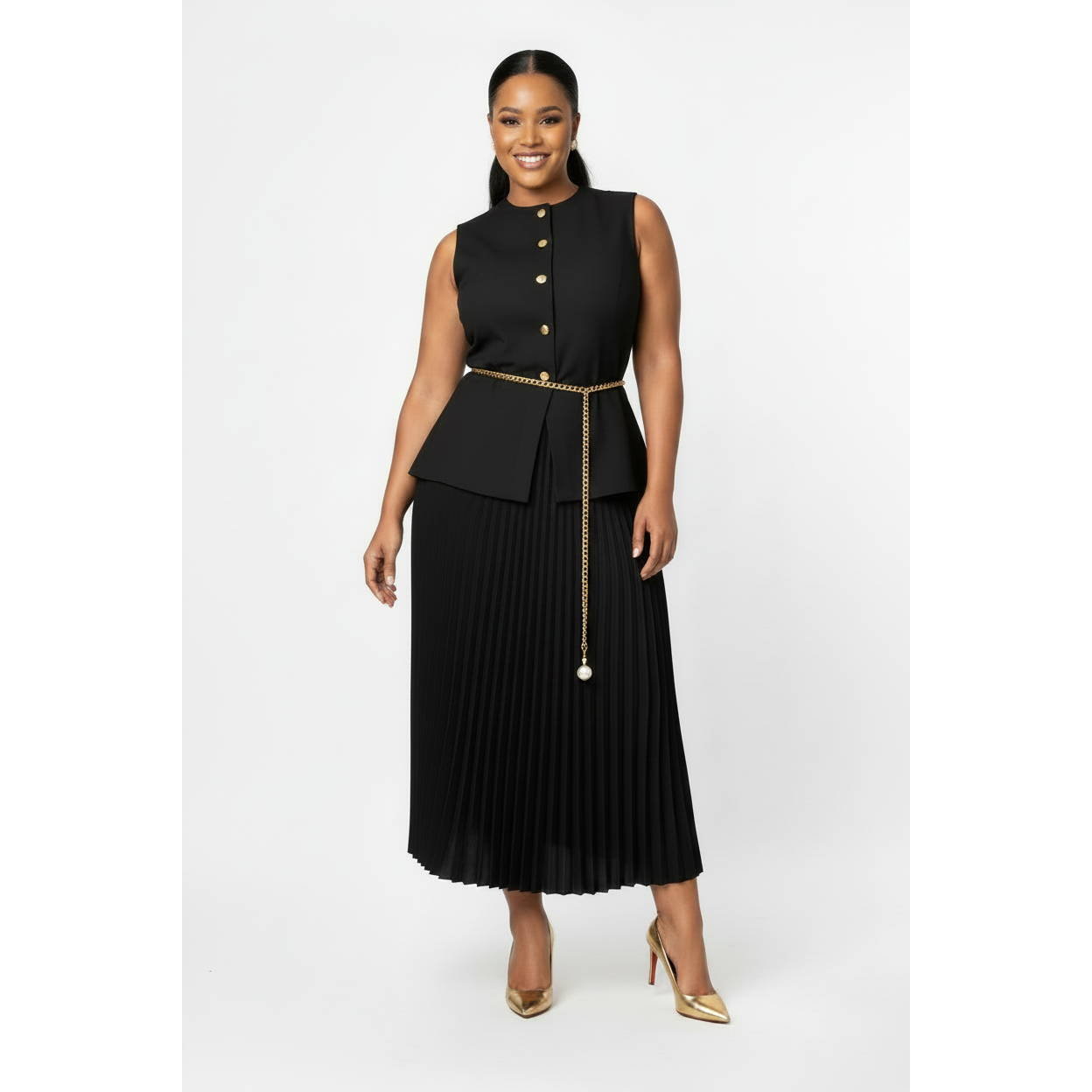 Vintage Sleeveless Crew Neck Pleated Maxi Dress