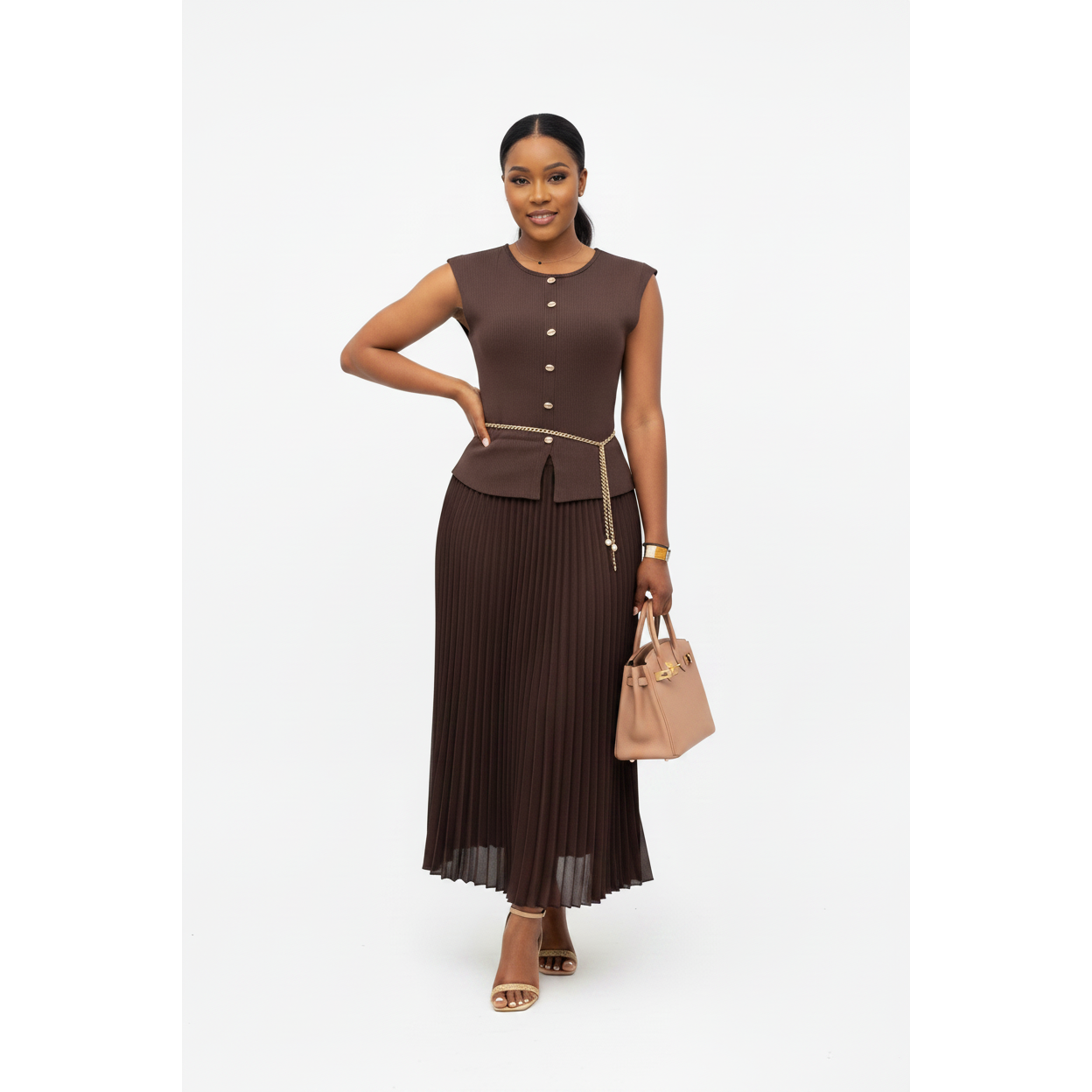 Vintage Sleeveless Crew Neck Pleated Maxi Dress
