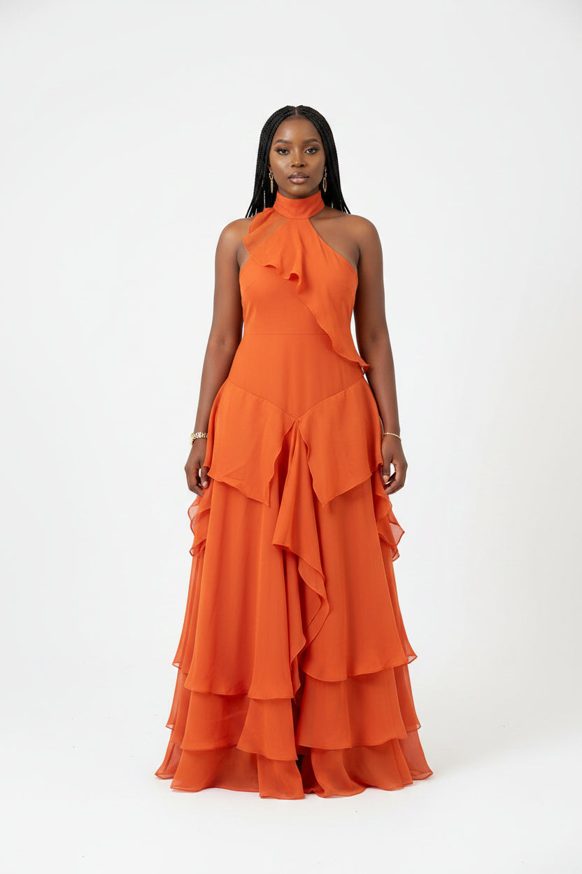 Tiered Ruffle Sage Halter Maxi Dress