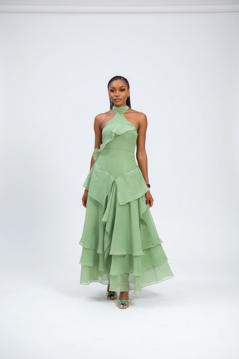 Tiered Ruffle Sage Halter Maxi Dress