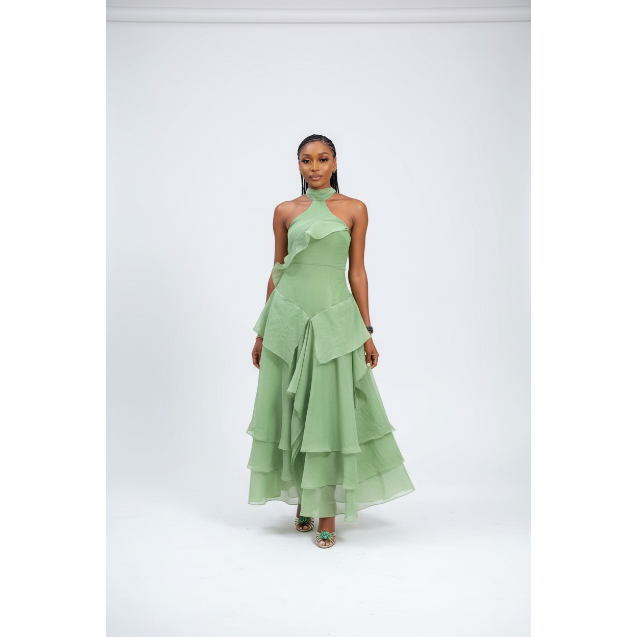 Tiered Ruffle Halter Neck Maxi Dress