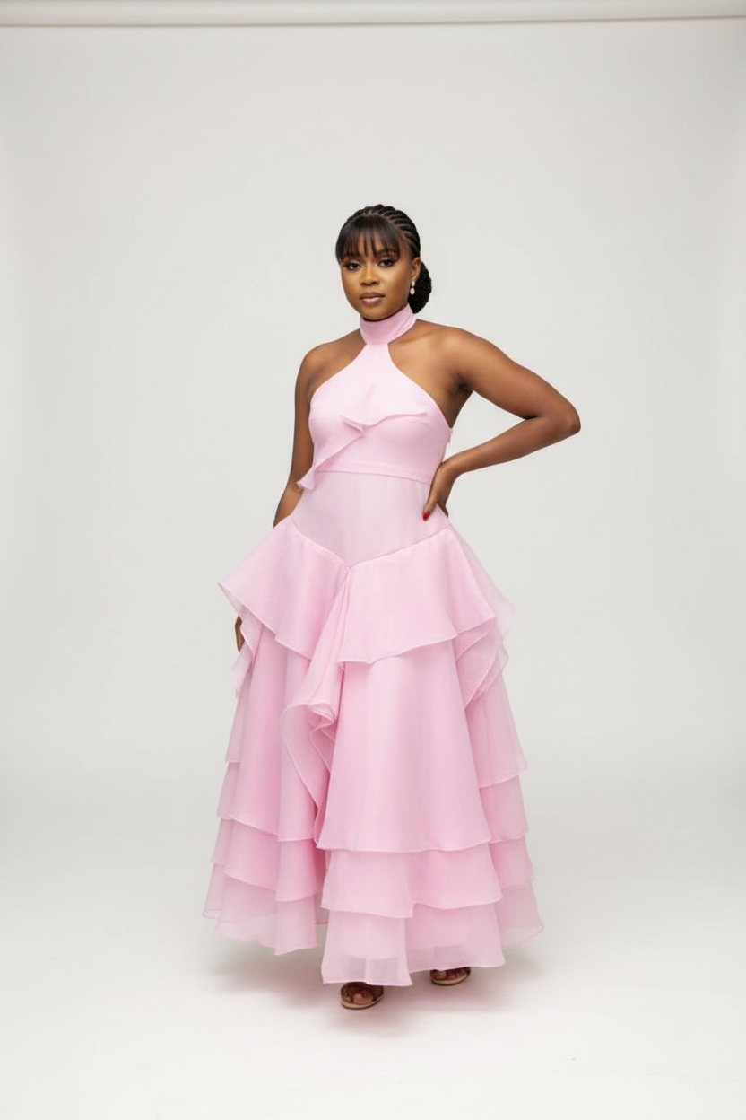 Tiered Ruffle Sage Halter Maxi Dress