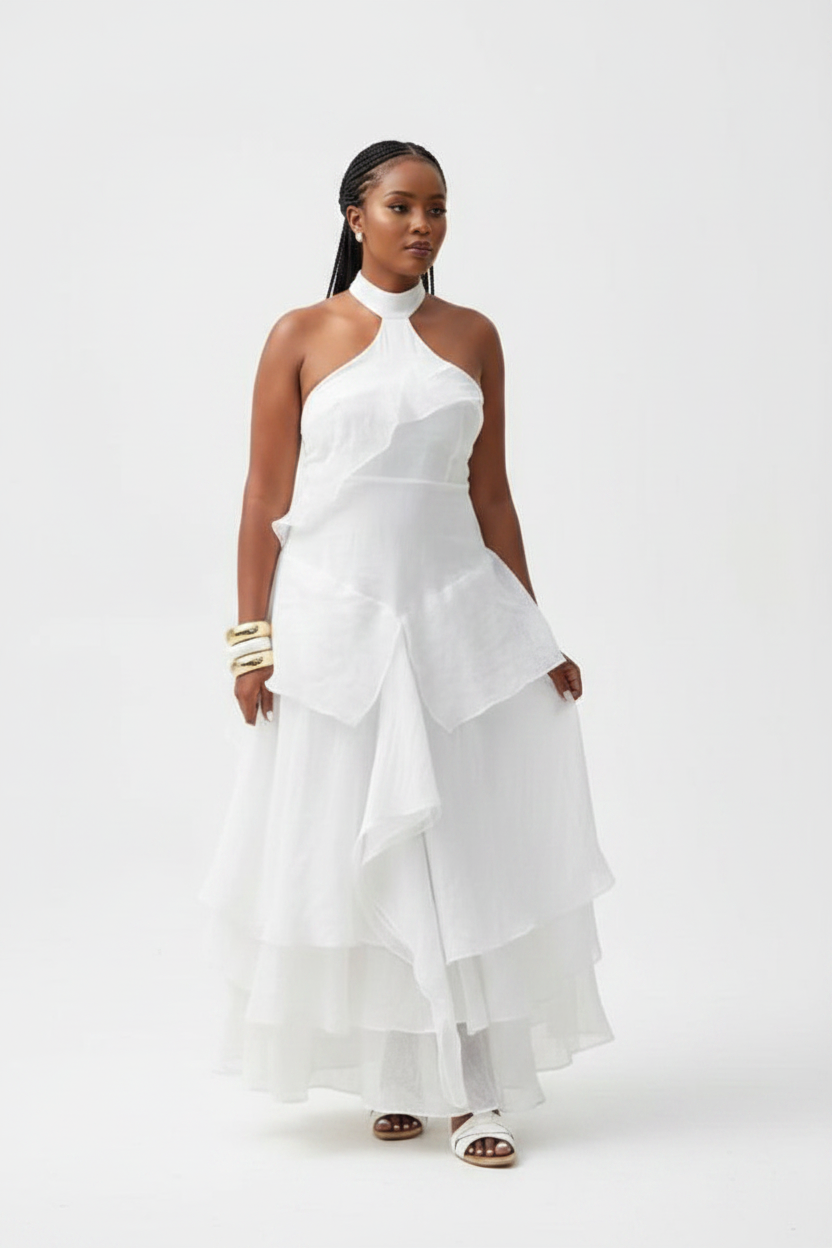 Tiered Ruffle Sage Halter Maxi Dress