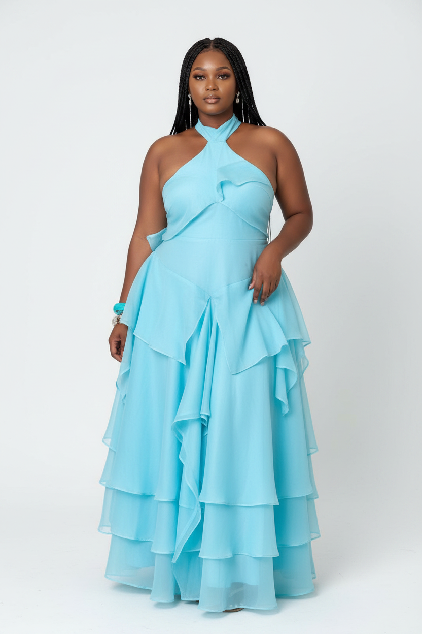 Tiered Ruffle Sage Halter Maxi Dress