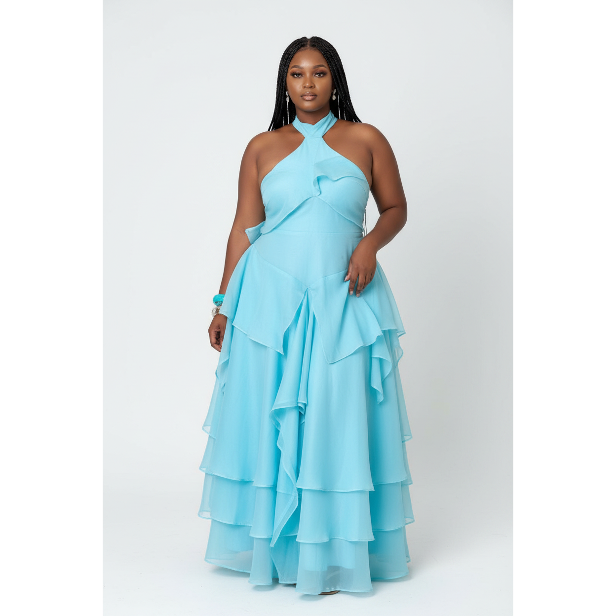 Tiered Ruffle Halter Neck Maxi Dress