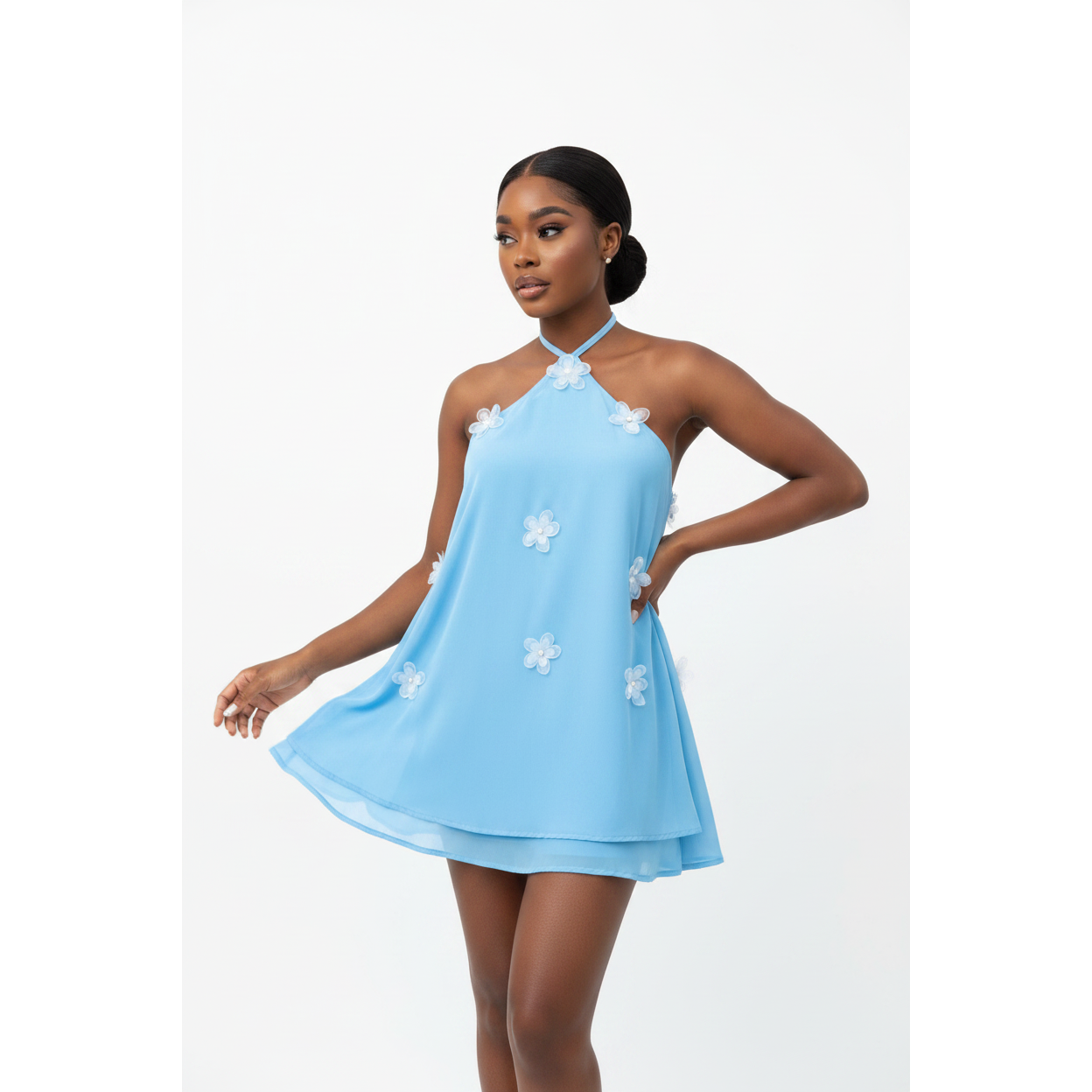 Ladies Summer Floral Halter Chiffon Mini Dress