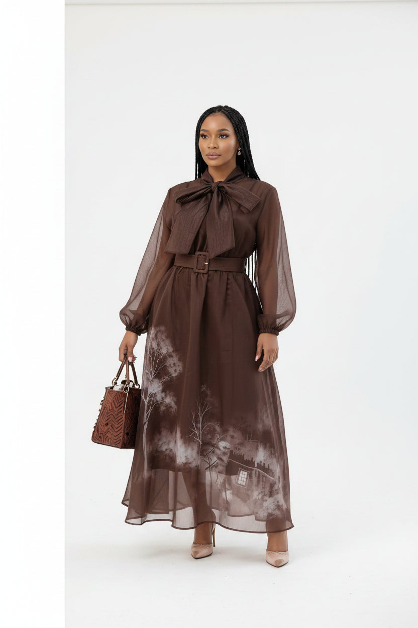 Classic Tie-Neck Chiffon Maxi Dress