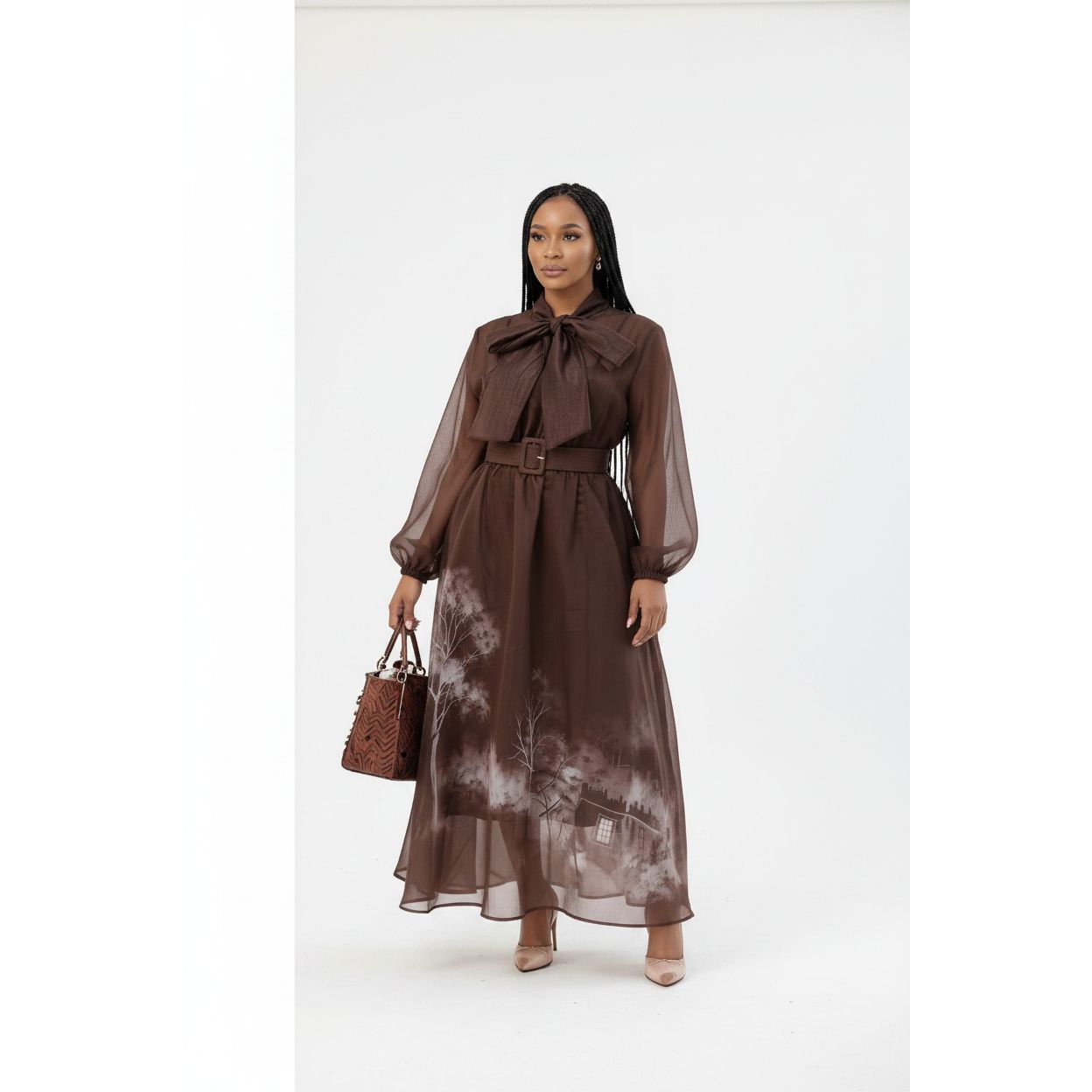 Classic Tie-Neck Chiffon Maxi Dress