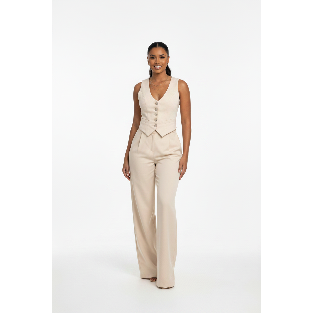 Sophisticated V-Neck Vest & Wide-Leg Trousers Suit Set