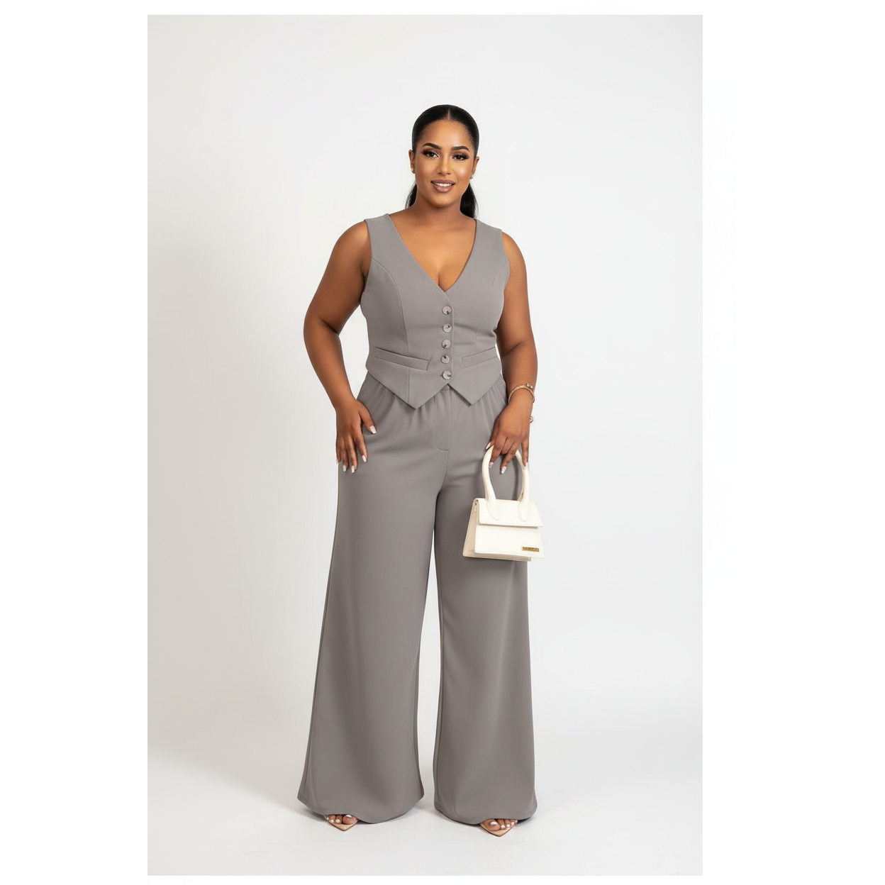 Sophisticated V-Neck Vest & Wide-Leg Trousers Suit Set