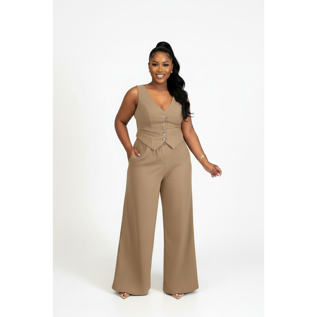 Sophisticated V-Neck Vest & Wide-Leg Trousers Suit Set