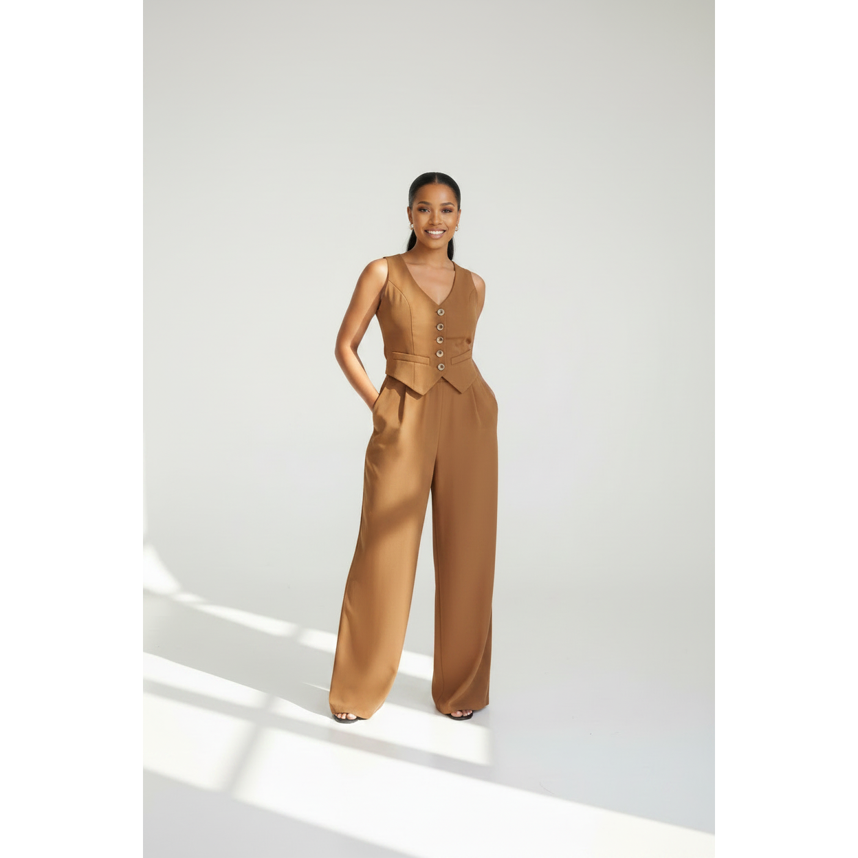 Sophisticated V-Neck Vest & Wide-Leg Trousers Suit Set