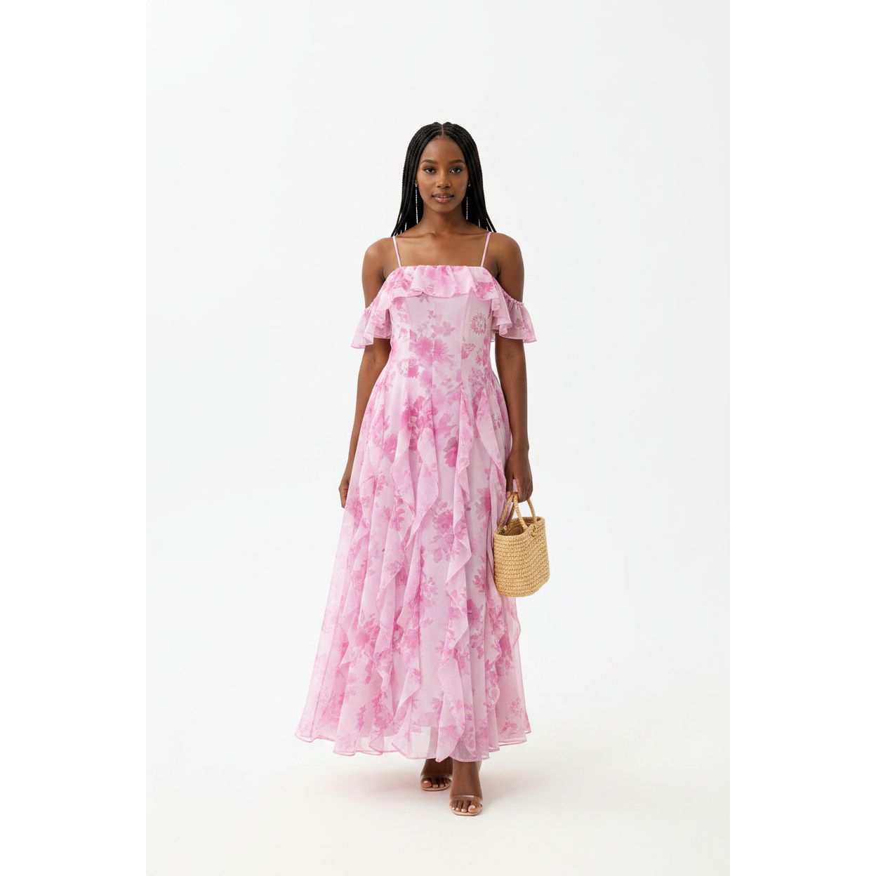 Plus Size Off-Shoulder Pink Floral Ruffled Maxi Dress