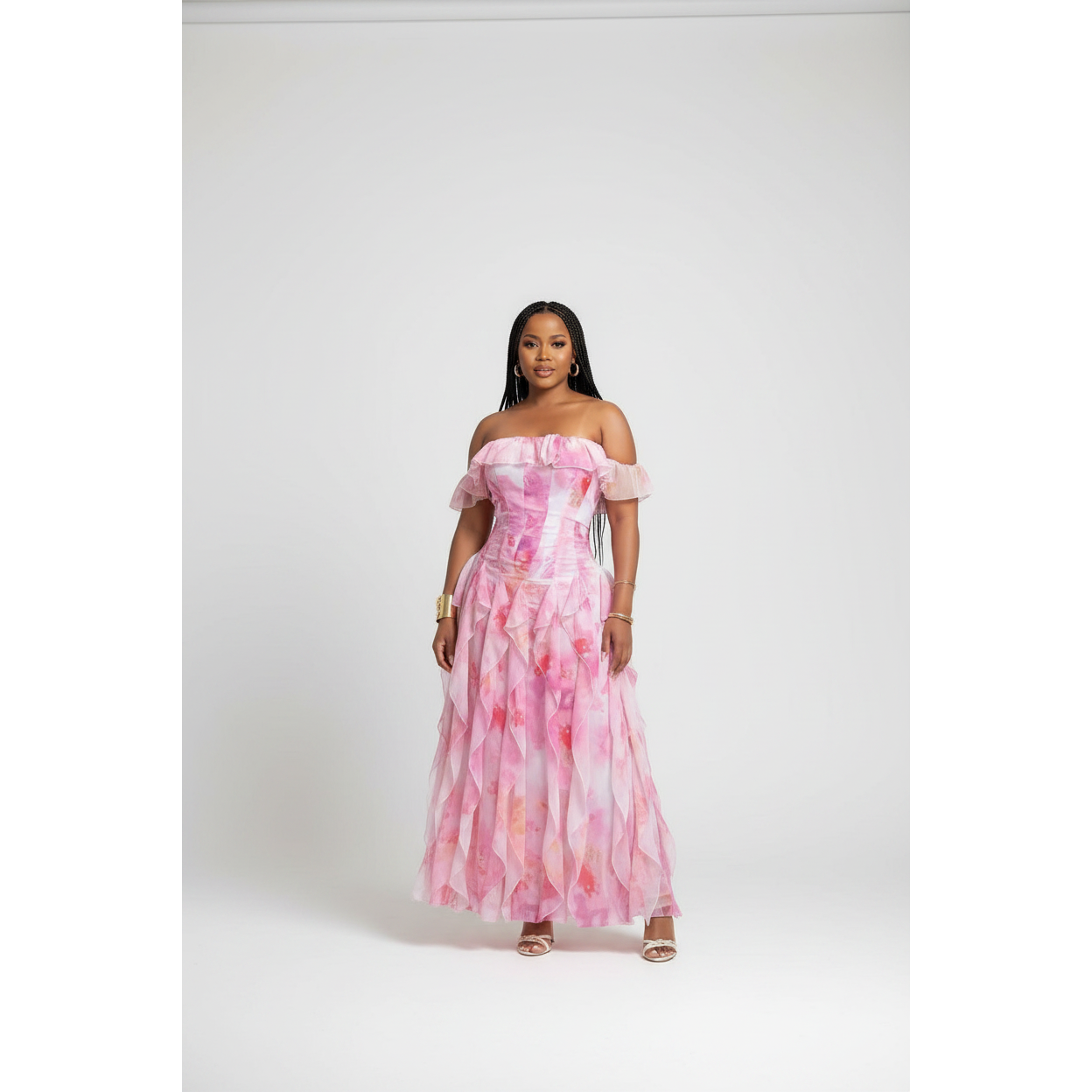 Plus Size Off-Shoulder Pink Floral Ruffled Maxi Dress
