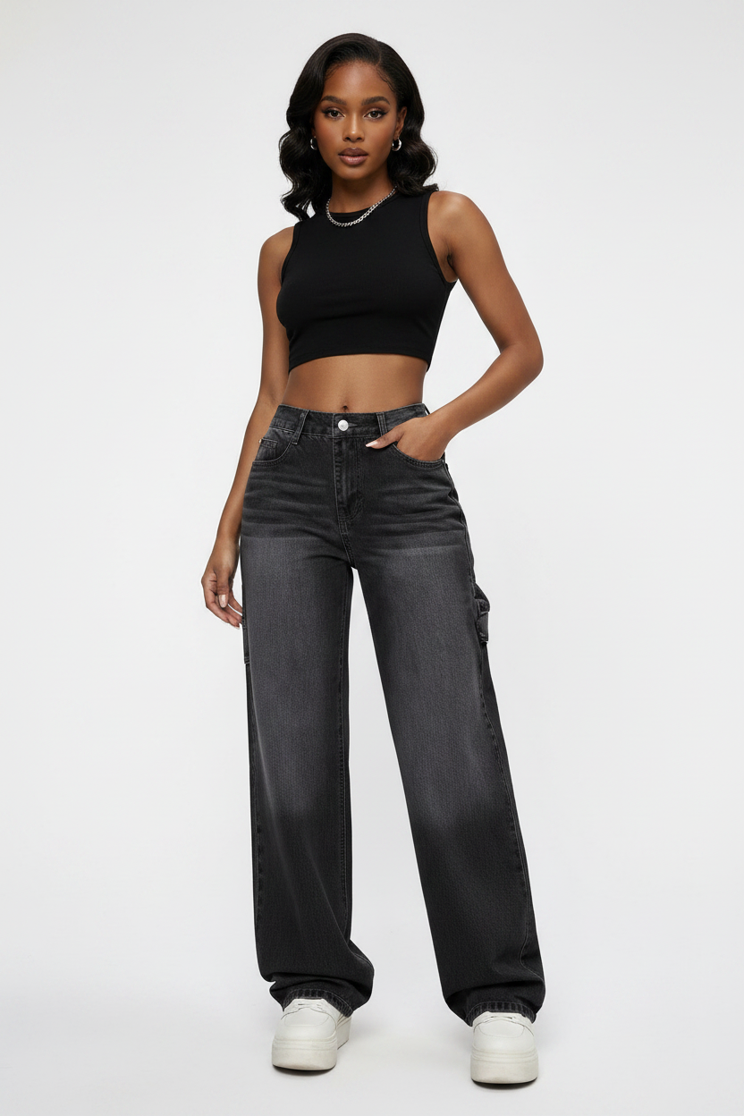 Faded High-Waisted Wide-Leg Utility Jeans
