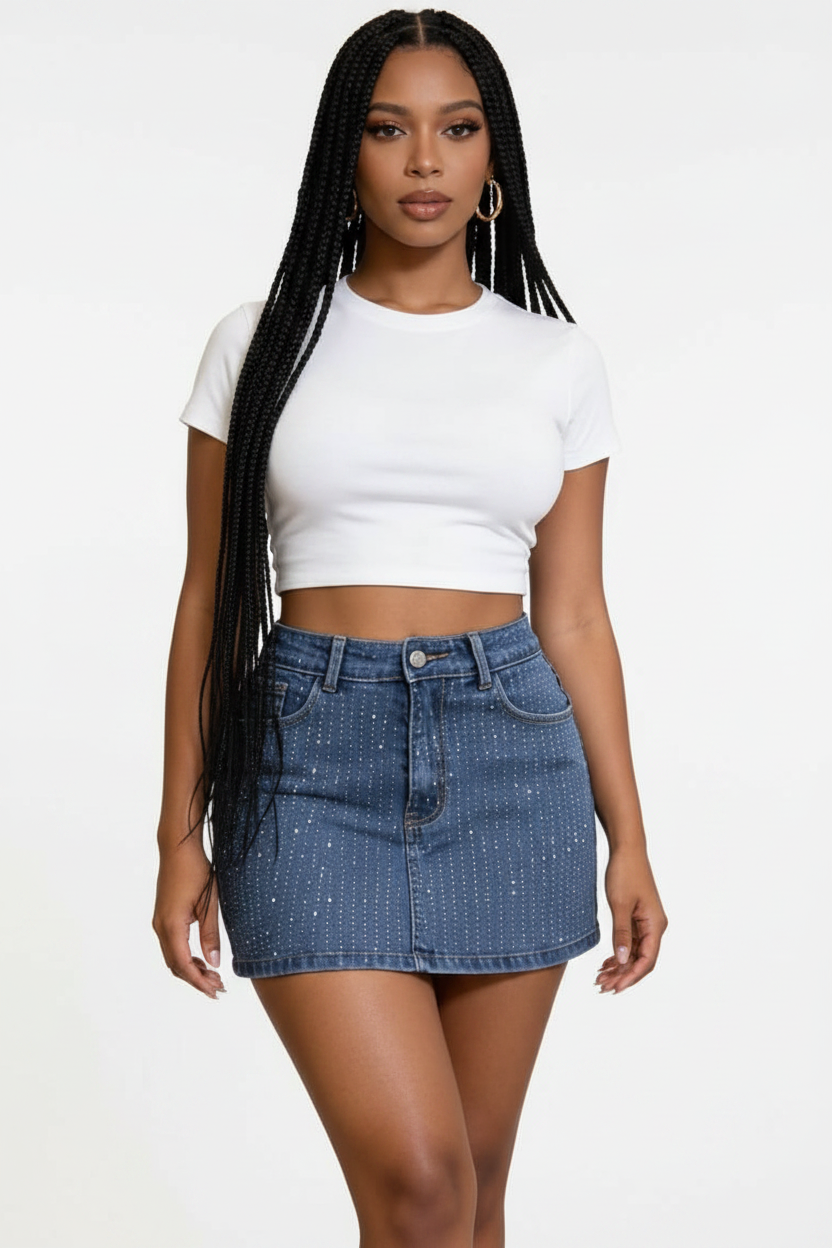Ladies Pinstripe Embellished Denim Mini Skirt