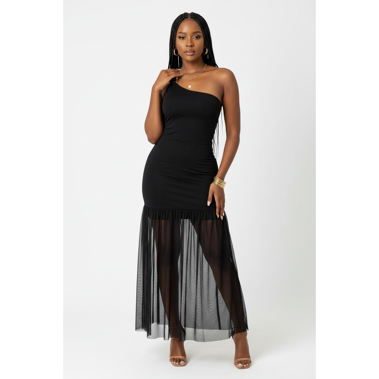 Single Shoulder Strap Sheer Chiffon Dress