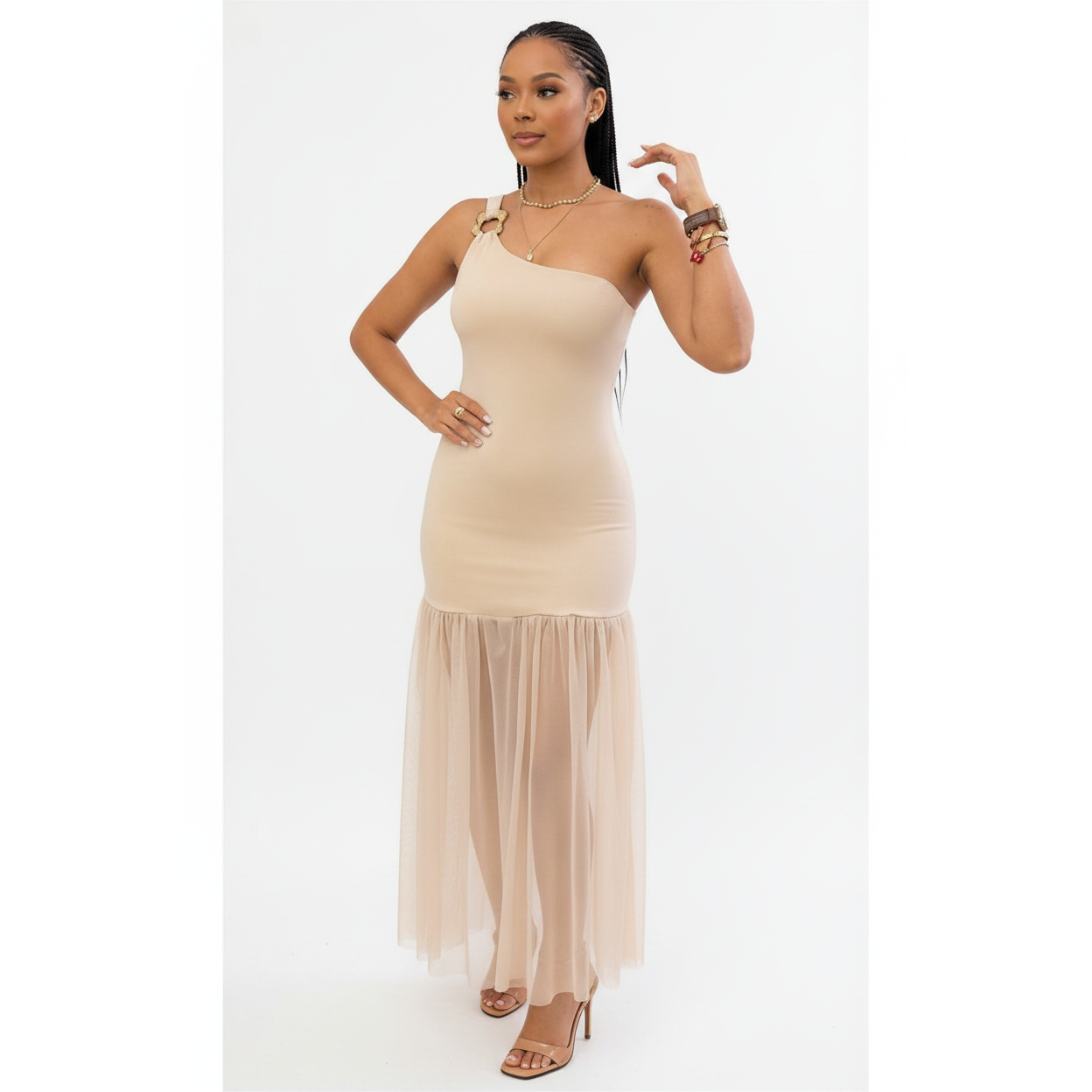 Single Shoulder Strap Sheer Chiffon Dress