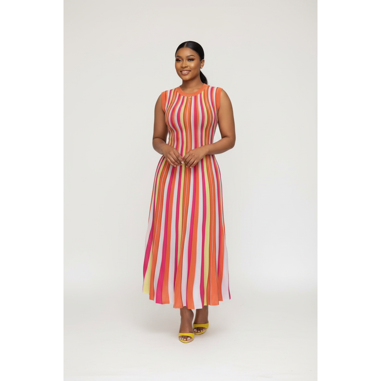 Vibrant Multi-Color Vertical Striped Knit Maxi Dress