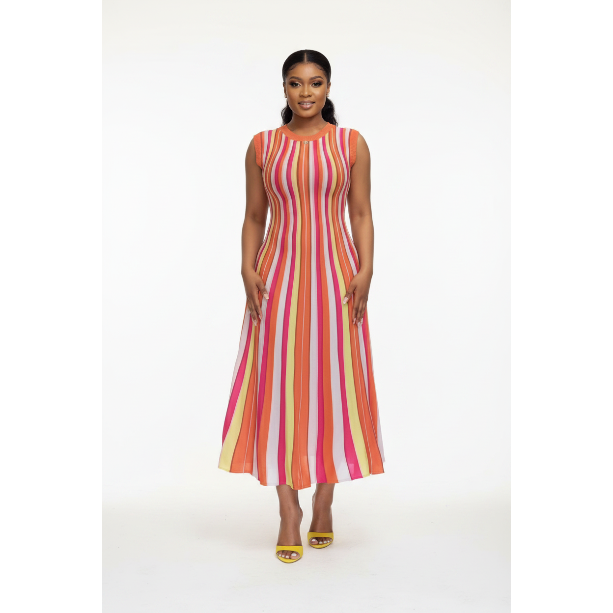 Vibrant Multi-Color Vertical Striped Knit Maxi Dress