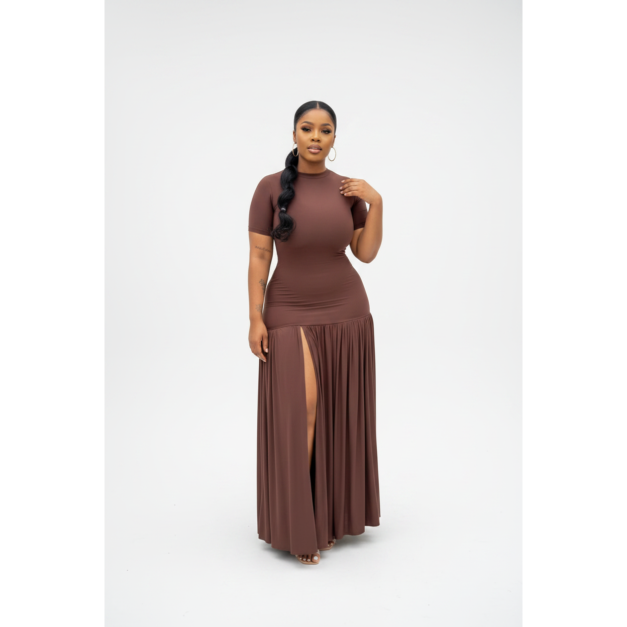 Trendy Short Sleeve Mock-Neck Front-Slit Maxi Dress