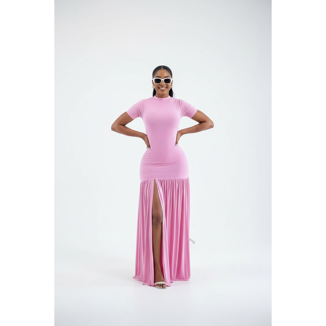 Trendy Short Sleeve Mock-Neck Front-Slit Maxi Dress