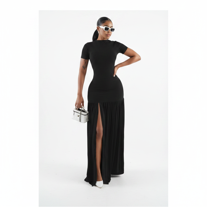 Trendy Short Sleeve Mock-Neck Front-Slit Maxi Dress