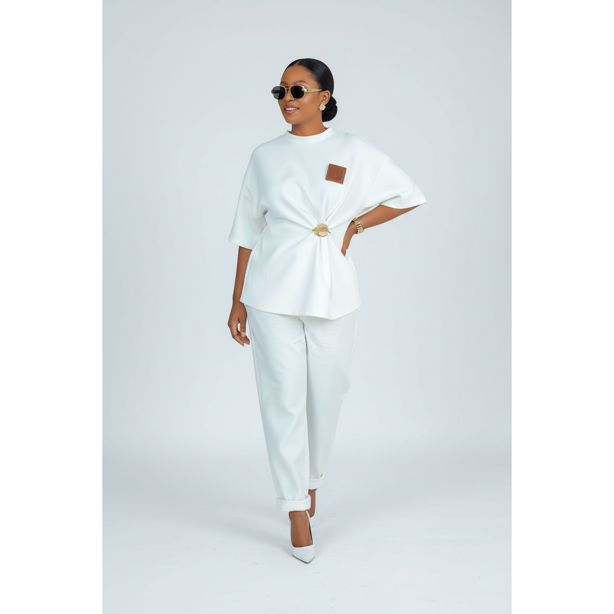 Draped Tunic Top Deco Gold Brooch Cinched Waisted Top