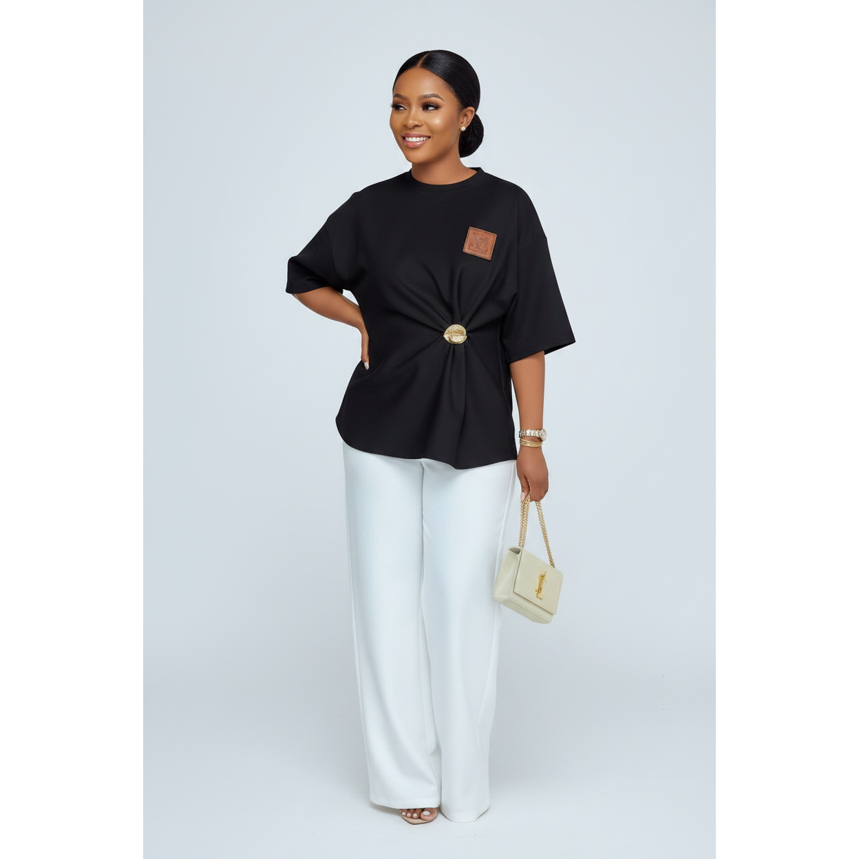 Draped Tunic Top Deco Gold Brooch Cinched Waisted Top