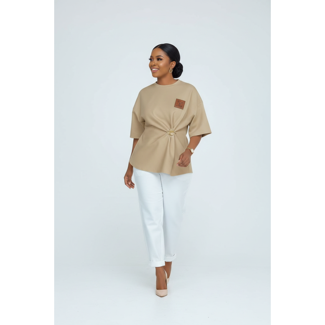 Draped Tunic Top Deco Gold Brooch Cinched Waisted Top